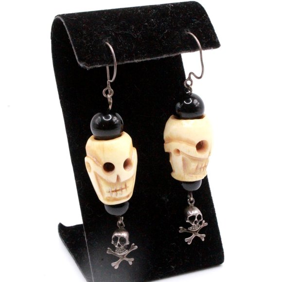 Vintage Sterling Silver Skull Sculpted Unique Dangle 3" Long Earrings - Picture 5 of 8